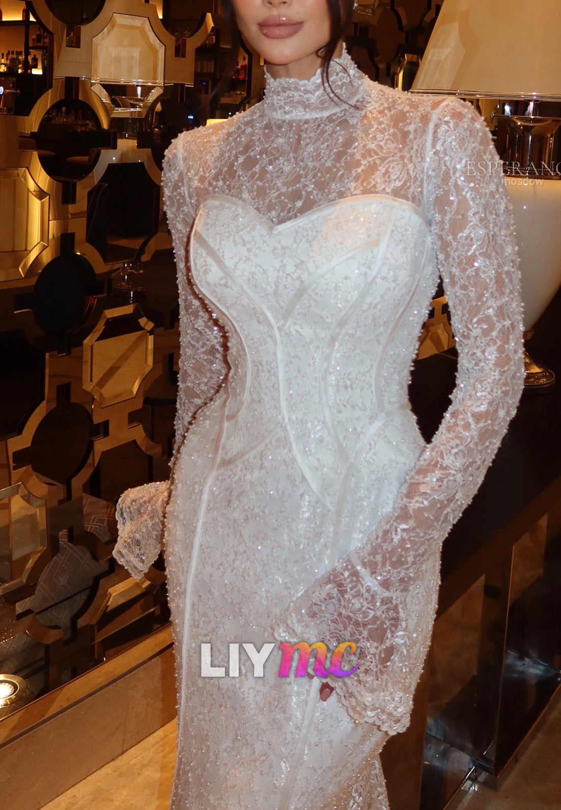High Neck Long Sleeves Lace Appliques Mermaid Wedding Dress
