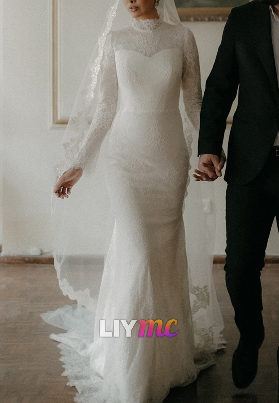 High Neck Long Sleeves Lace Appliques Mermaid Wedding Dress