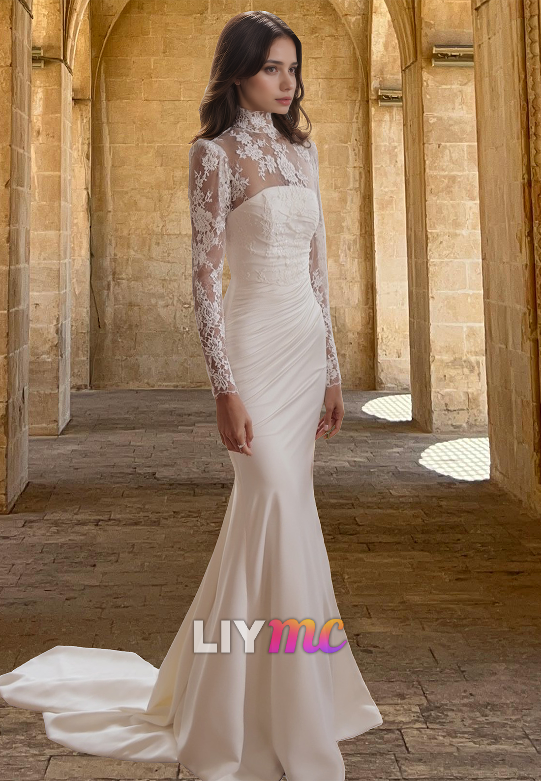 High Neck Long Sleeves Lace Appliques Pleated Mermaid Wedding Dress