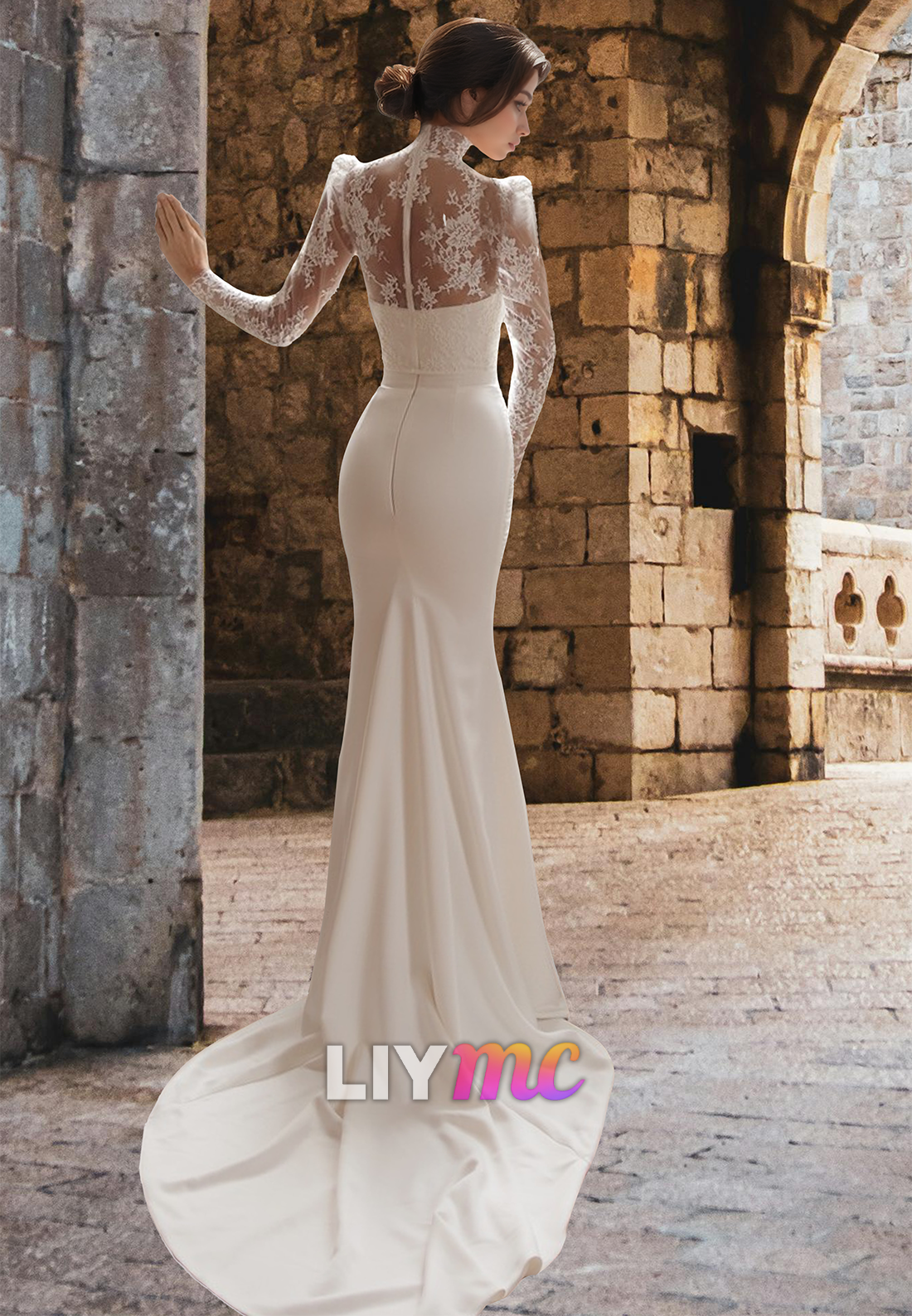 High Neck Long Sleeves Lace Appliques Pleated Mermaid Wedding Dress