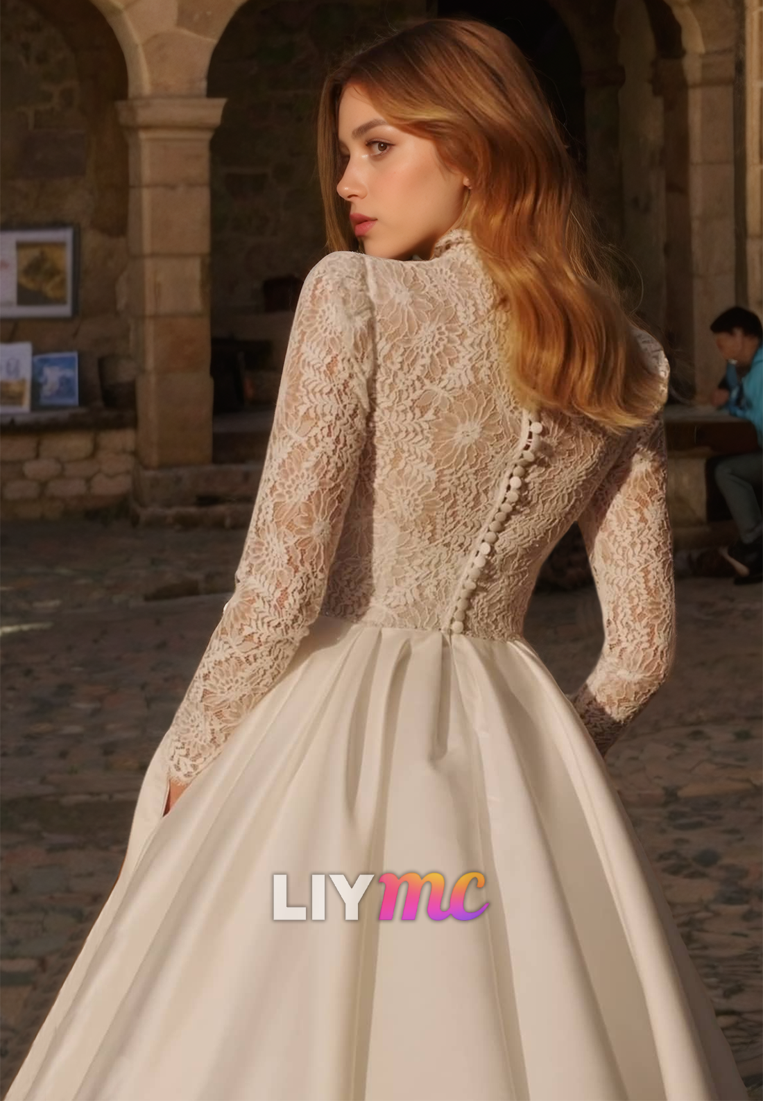 High Neck Long Sleeves Lace Appliques Pleated Satin A-Line Wedding Dress