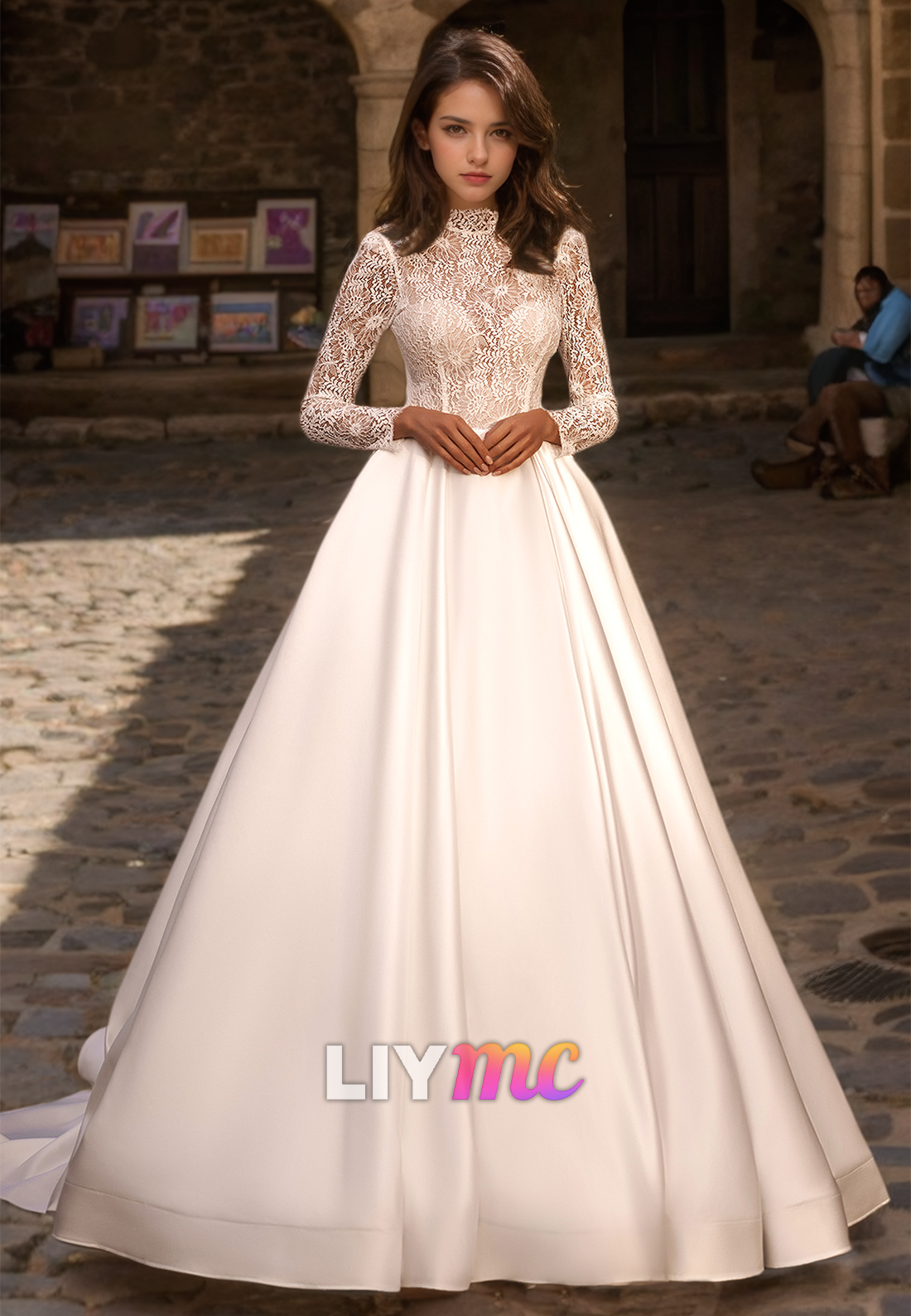 High Neck Long Sleeves Lace Appliques Pleated Satin A-Line Wedding Dre Liymc High Neck Long Sleeves Lace Appliques Pleated Satin A-Line Wedding Dre Liymc