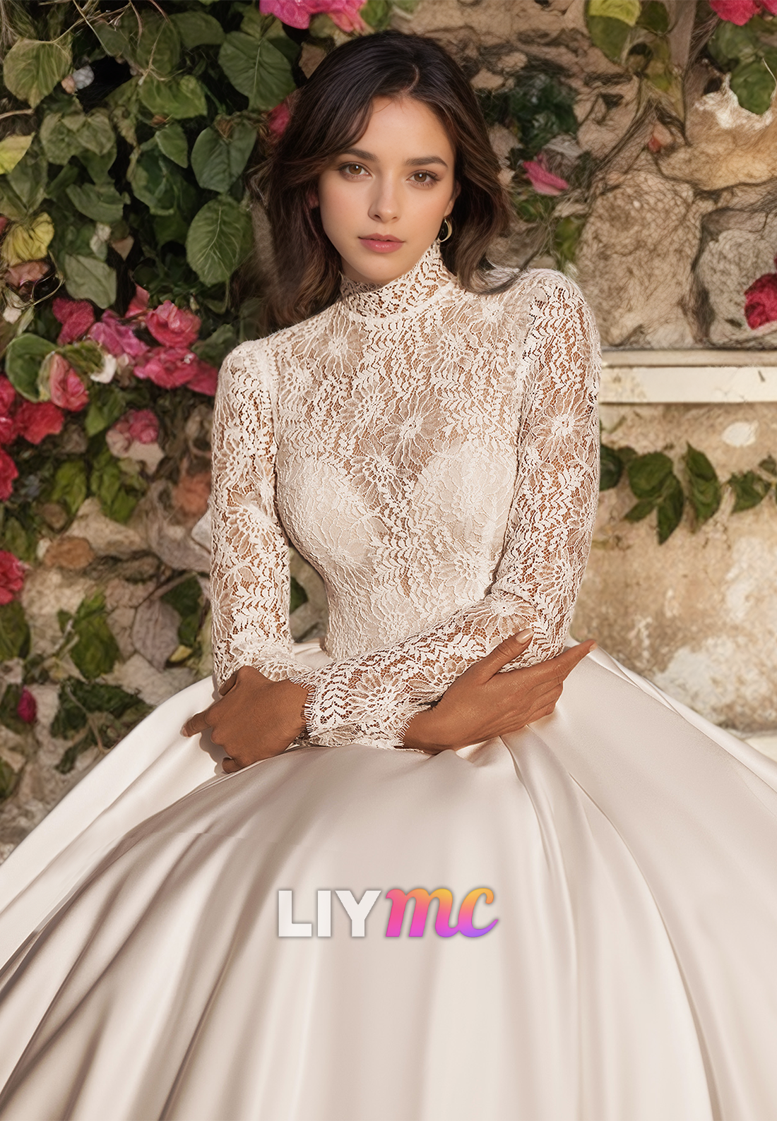 High Neck Long Sleeves Lace Appliques Pleated Satin A-Line Wedding Dress