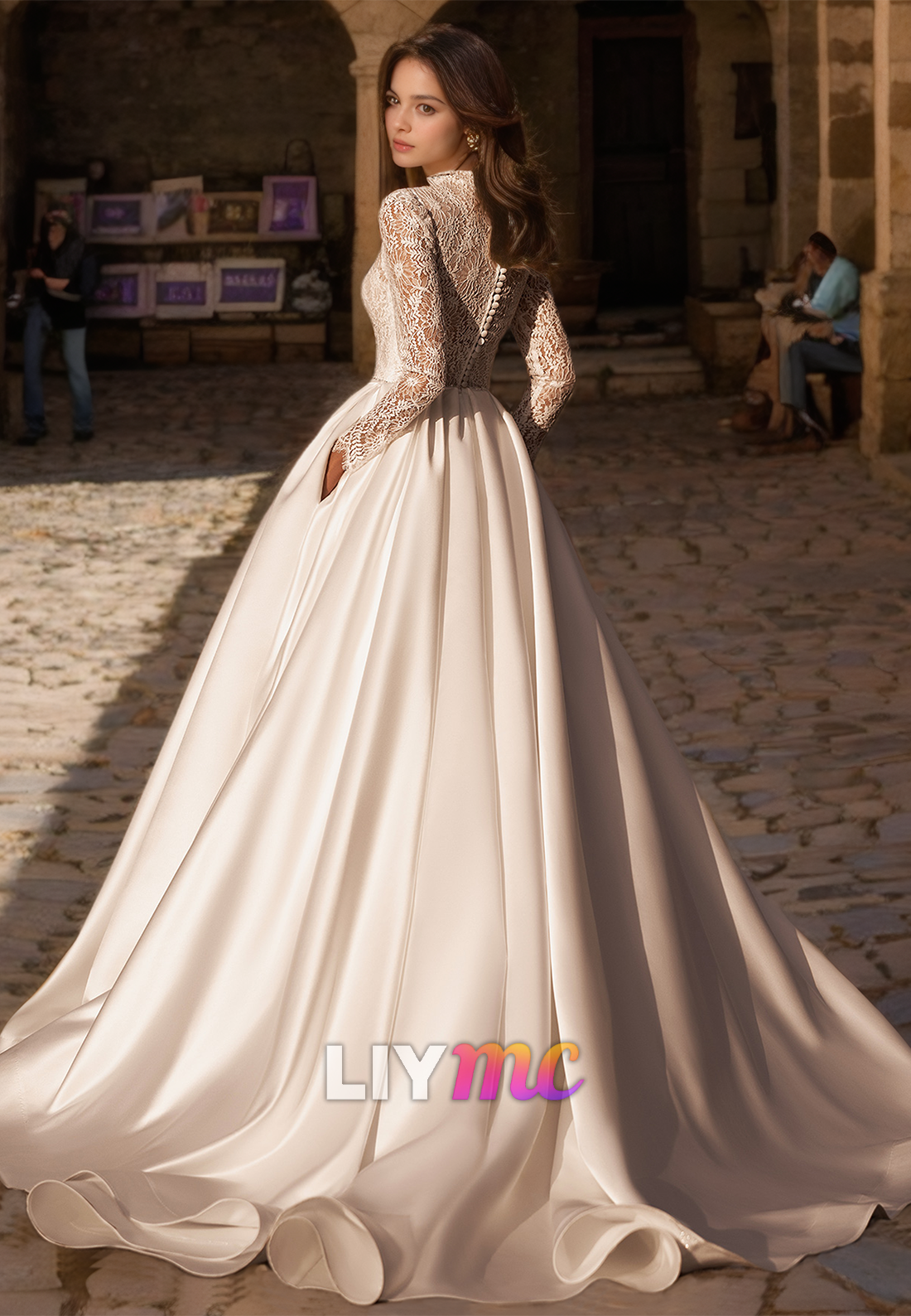 High Neck Long Sleeves Lace Appliques Pleated Satin A-Line Wedding Dress