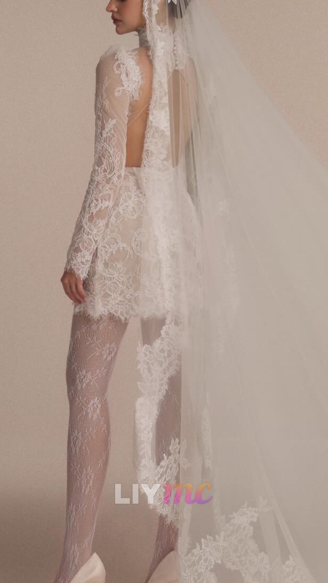 High Neck Long Sleeves Lace Appliques Sheath Short Wedding Dress