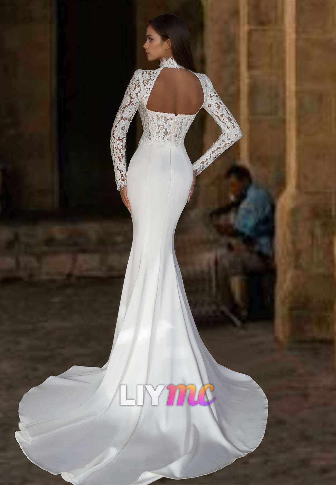 High Neck Long Sleeves Lace Appliques Sleek Mermaid Wedding Dress