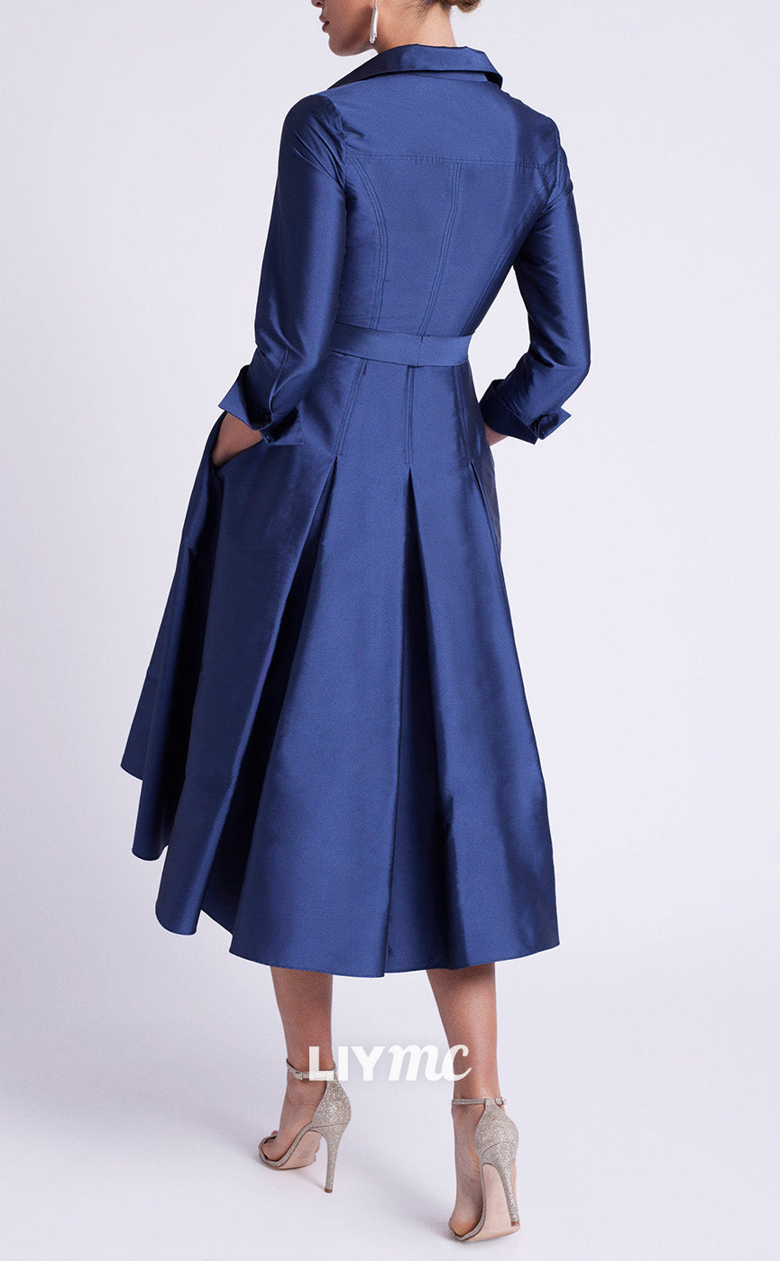 M1250 - High Neck Long Sleeves Pleated A-Line Mother of Bride Dress Cocktail Dress