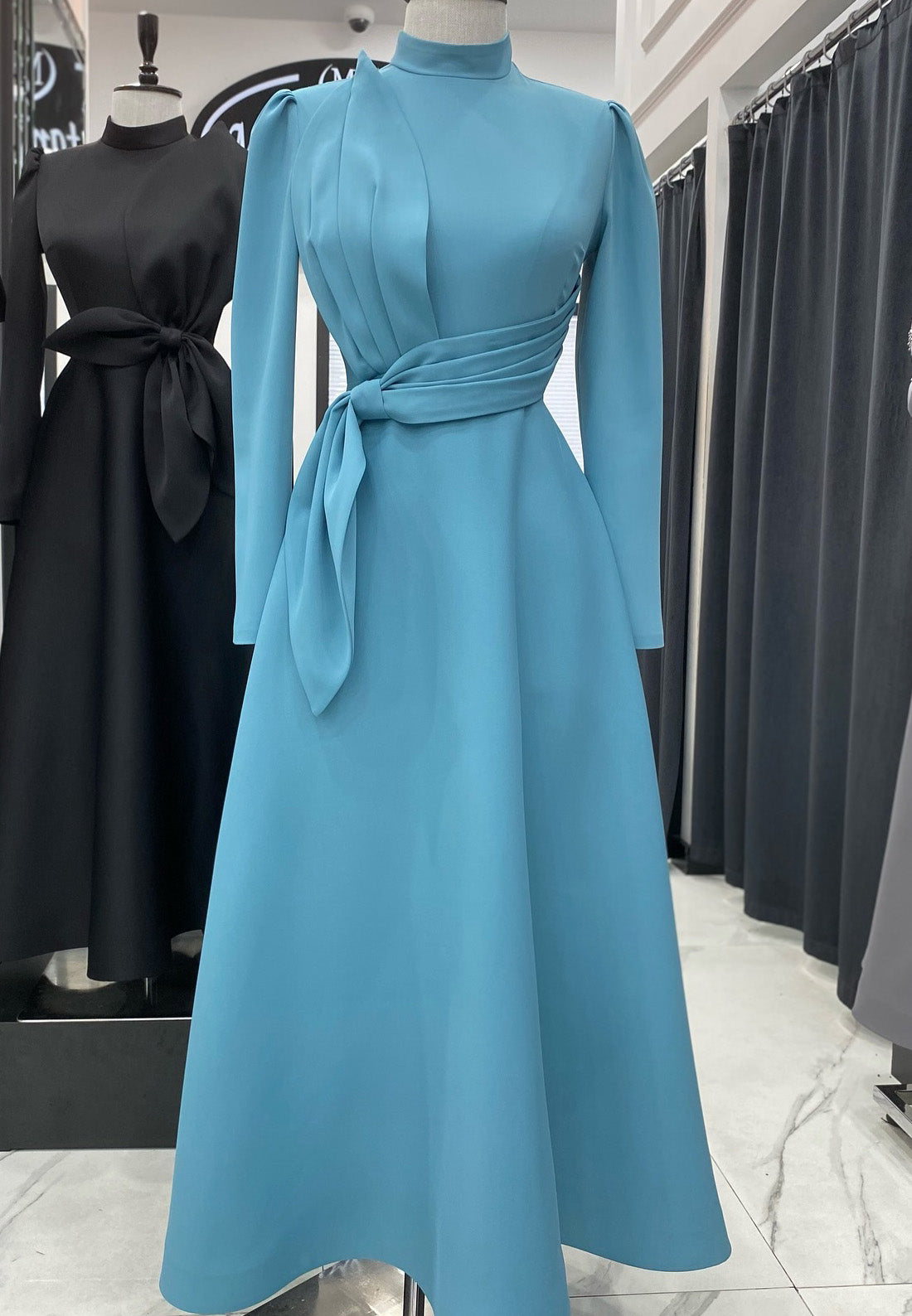 High Neck Long Sleeves Pleated A-Line Mother of Bride Dress
