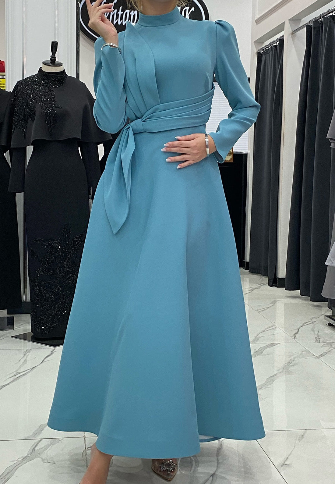 long sleeve high neck mother of the bride dresses Navy High Neck Long Sleeves Chiffon A-Line Long Mother of the Bride Dress with Lace