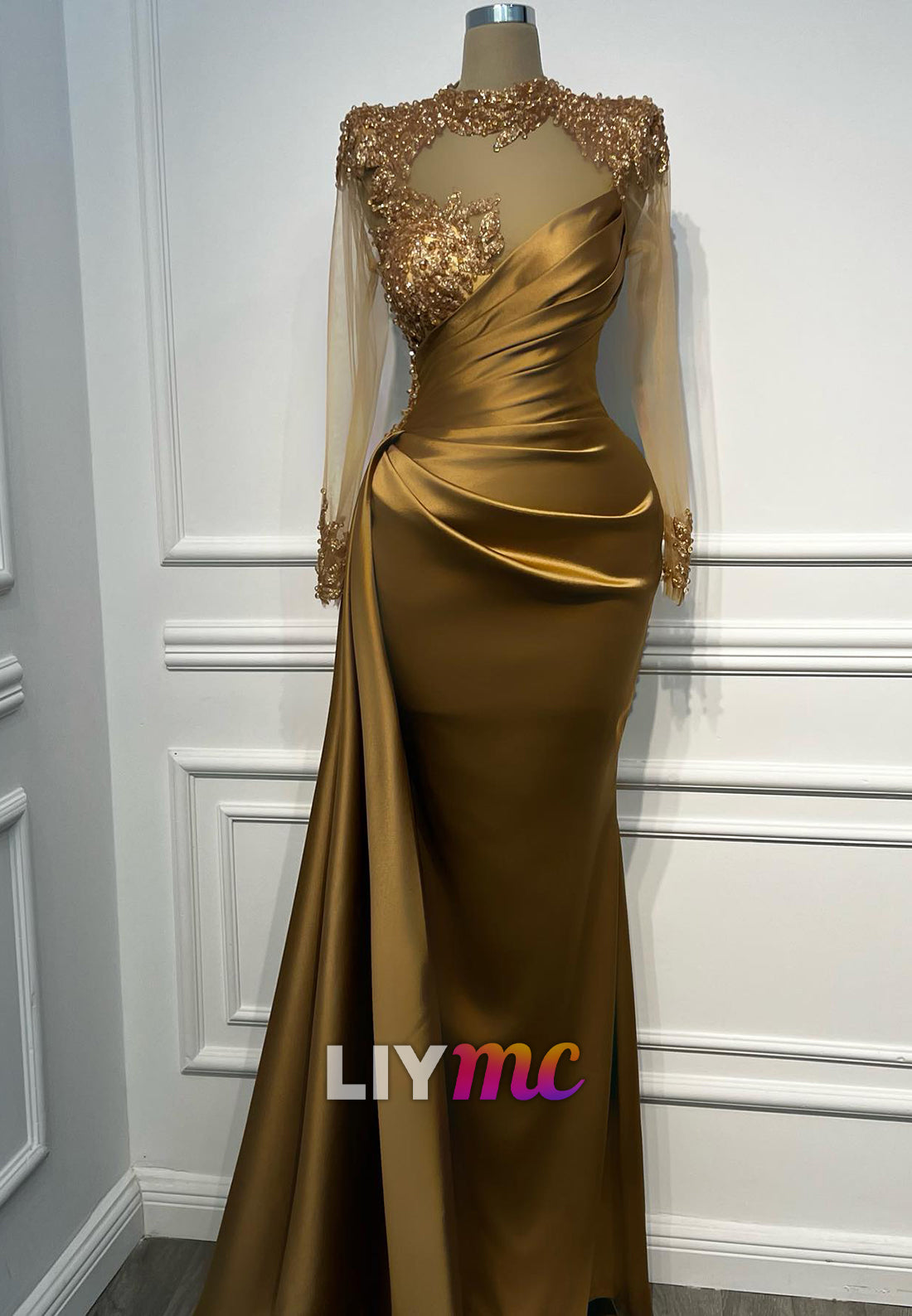 High Neck Long Sleeves Pleated Beaded Sheath Formal Dress