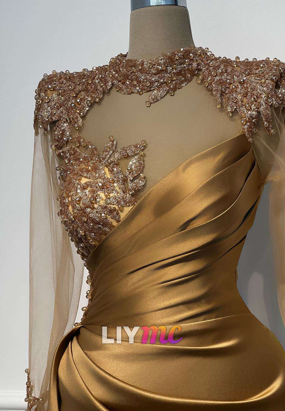 High Neck Long Sleeves Pleated Beaded Sheath Formal Dress