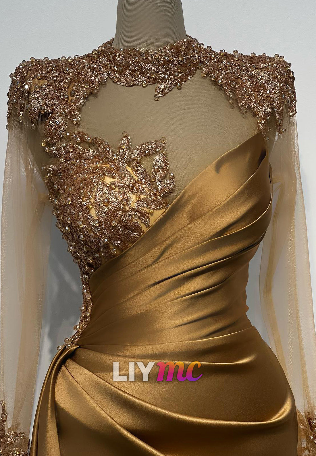 High Neck Long Sleeves Pleated Beaded Sheath Formal Dress