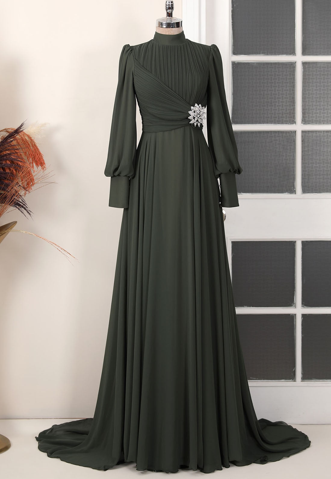 High Neck Long Sleeves Pleated Chiffon A-Line Mother of Bride Dress