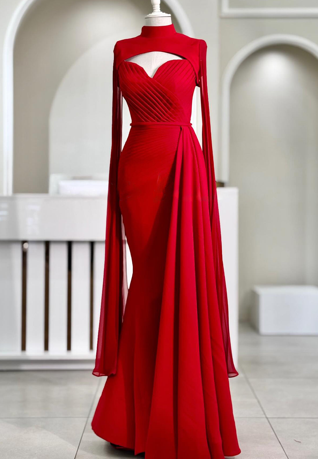 High Neck Long Sleeves Pleated Mermaid Formal Dress