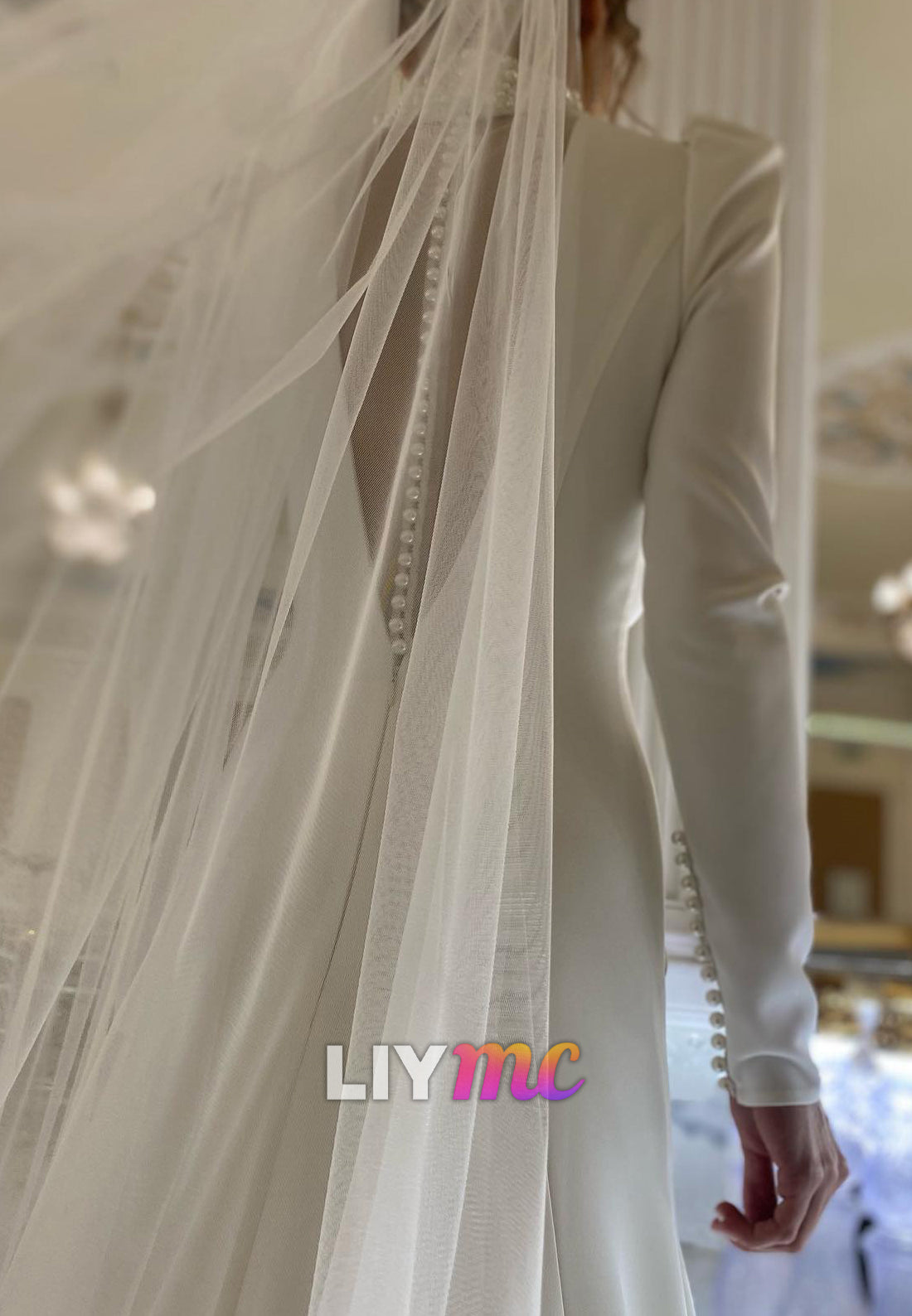 High Neck Long Sleeves Pleated Pearl Sheath Wedding Dress