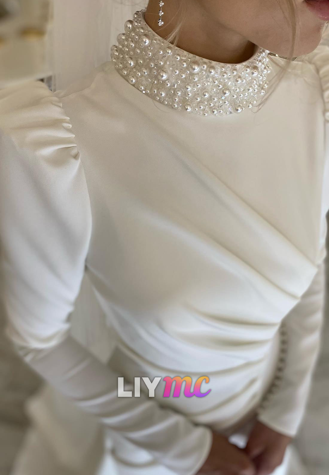 High Neck Long Sleeves Pleated Pearl Sheath Wedding Dress