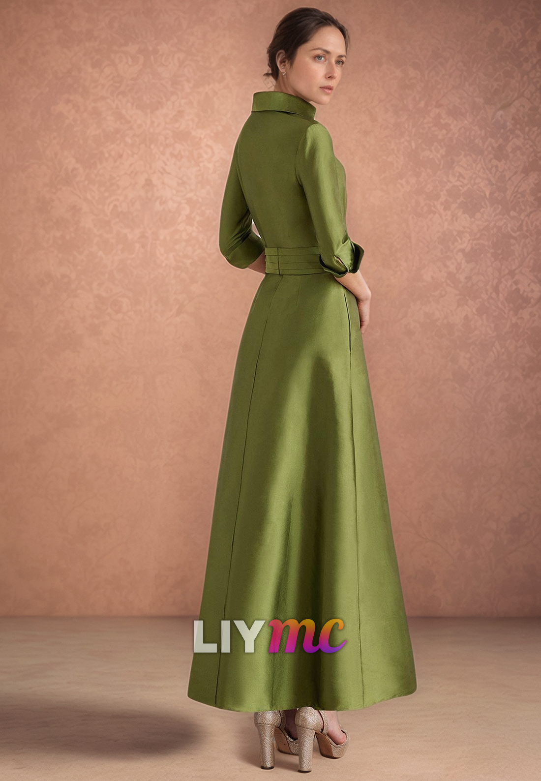 High Neck Long Sleeves Ruched Sleek A-Line Mother of Bride Dress
