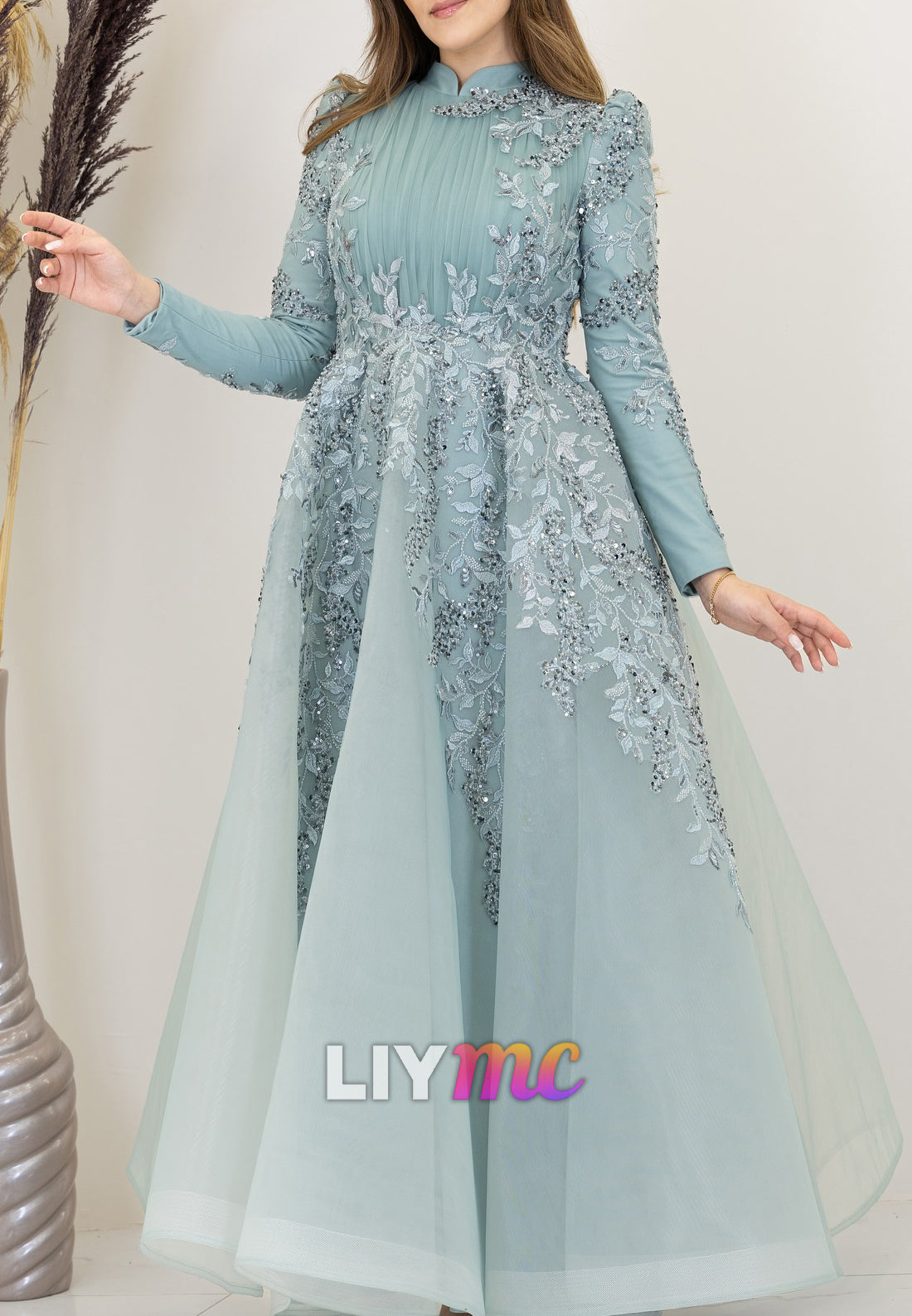 High Neck Long Sleeves Sequins Appliques A-Lien Evening Dress