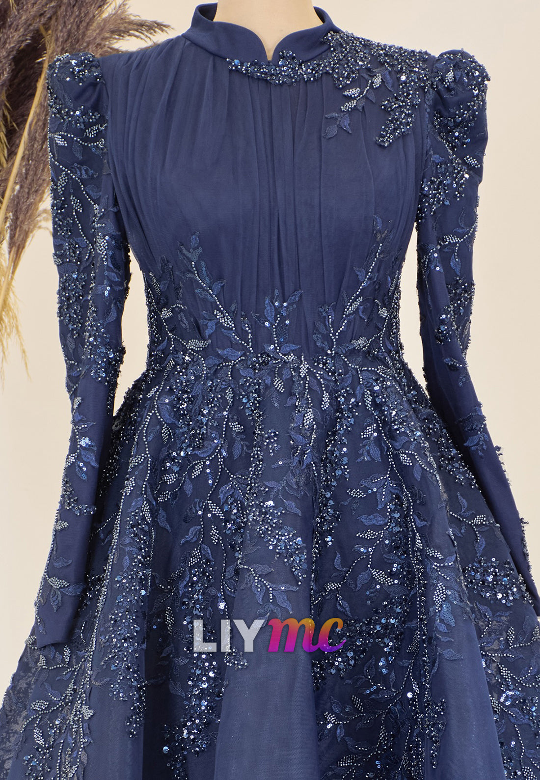 High Neck Long Sleeves Sequins Appliques A-Lien Evening Dress