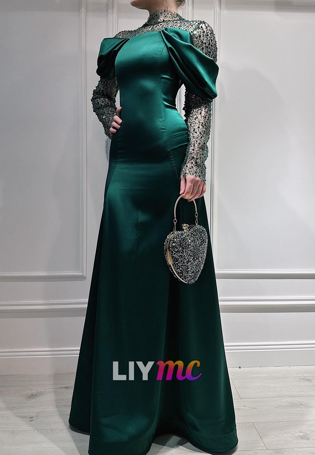 High Neck Long Sleeves Sequins Sheath Evening Dress