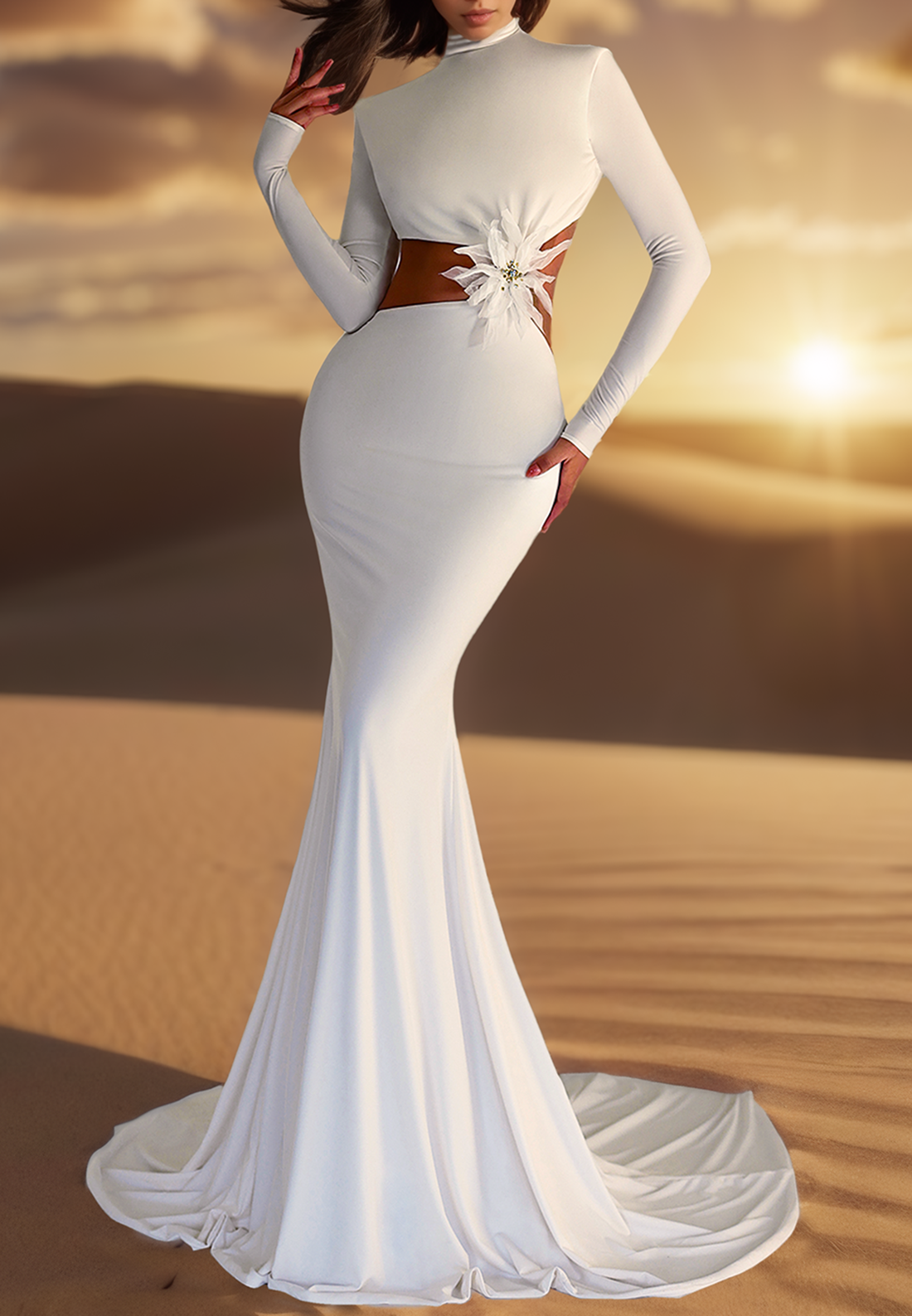 High Neck Long Sleeves Sleek Illusion Mermaid Beach Wedding Dress