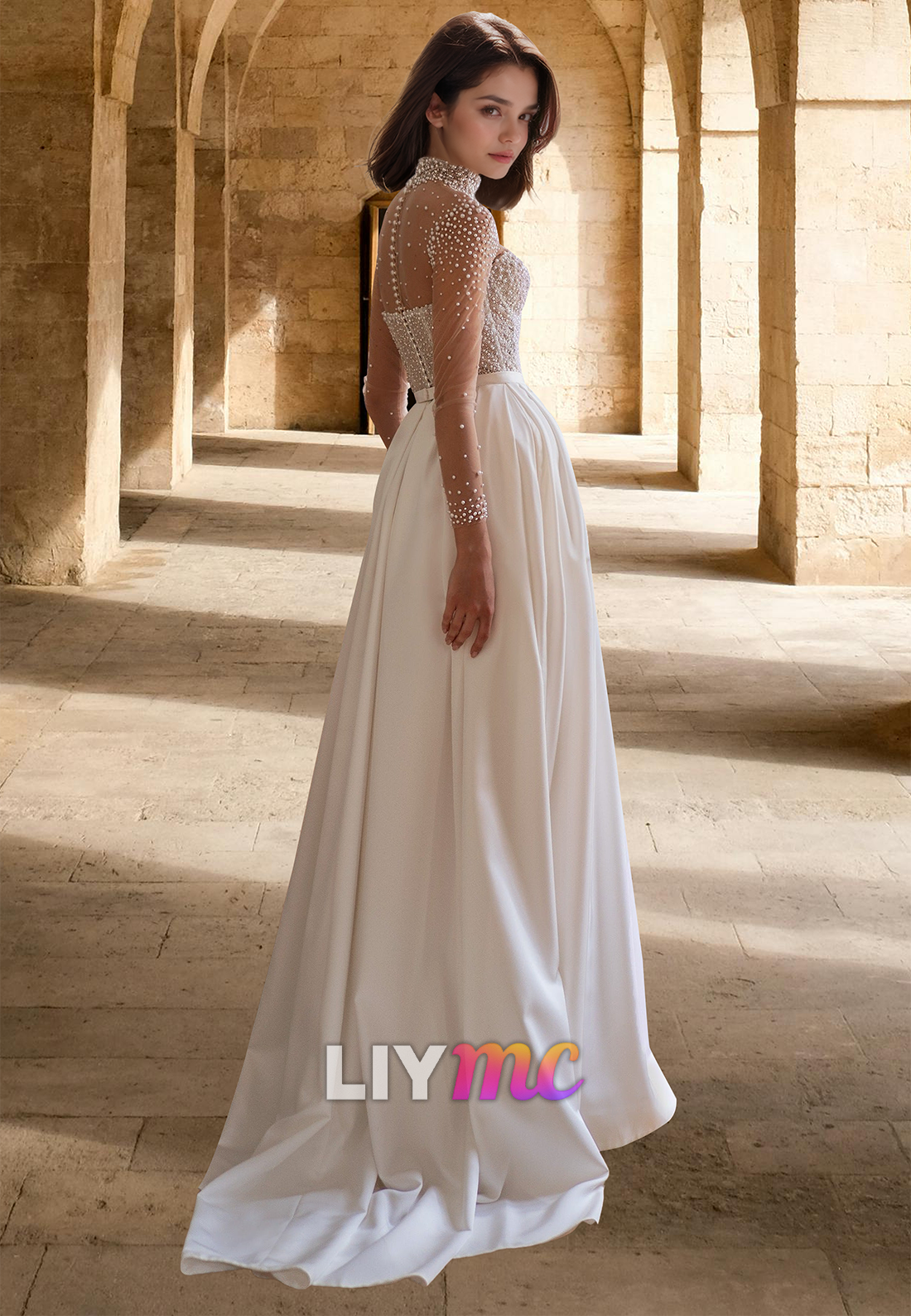 High Neck Sheer Long Sleeves Beaded Satin A-Line Wedding Dress