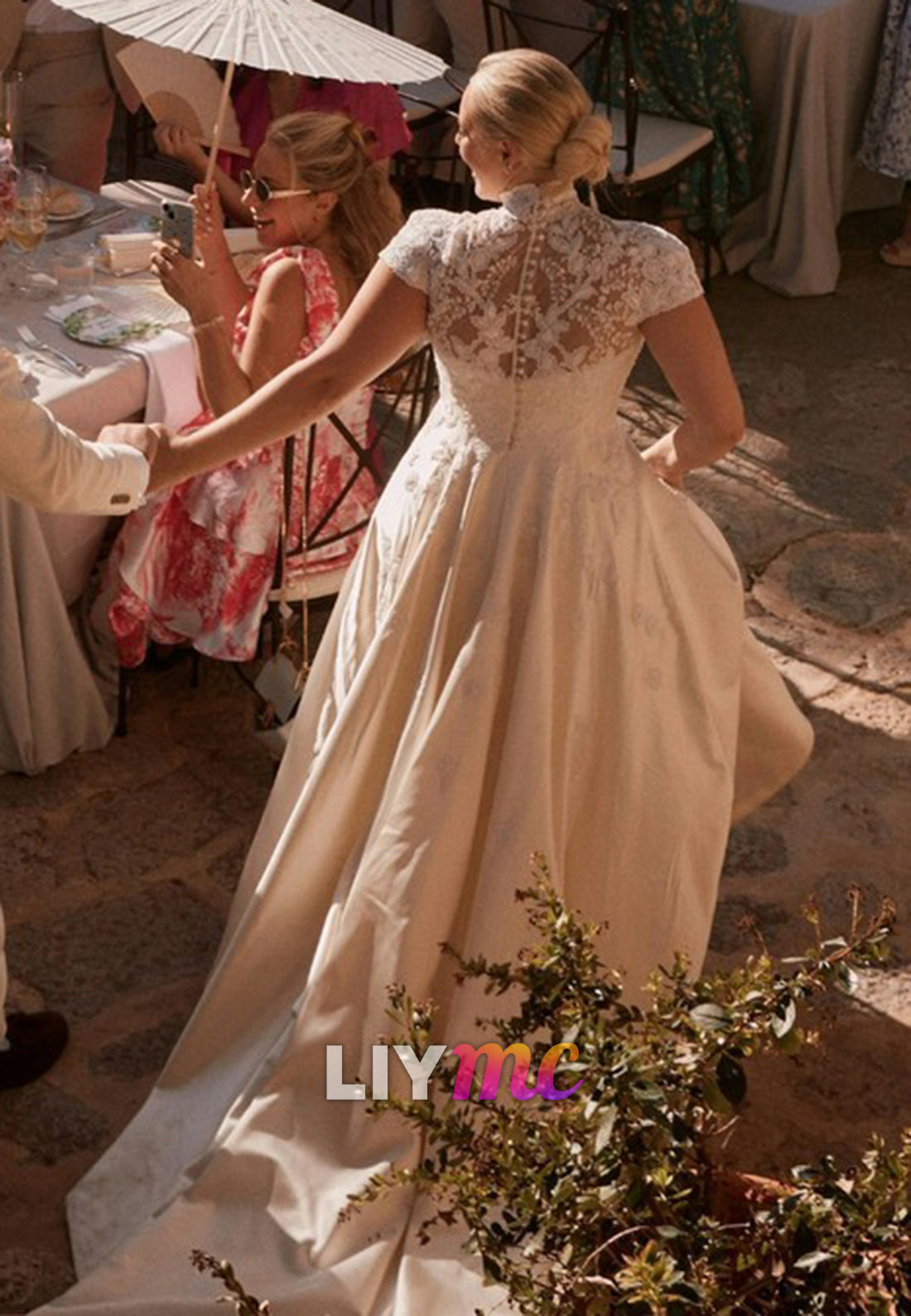 High Neck Short Sleeves Appliques A-Line Wedding Dress
