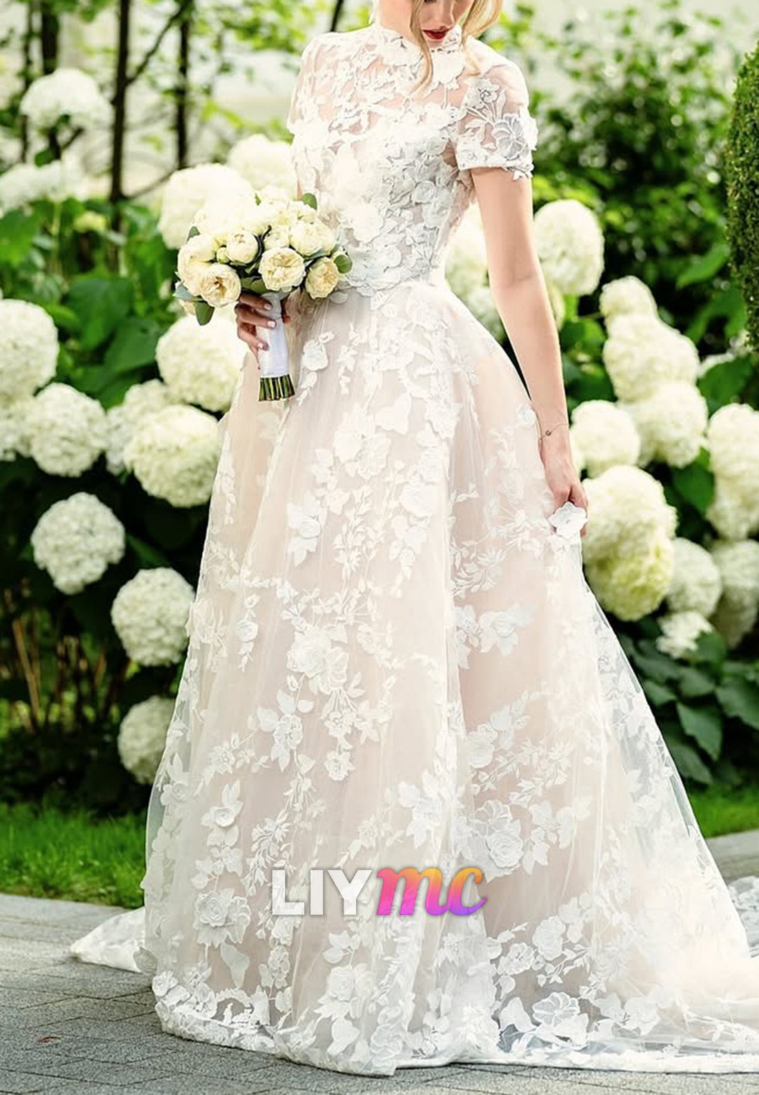 High Neck Short Sleeves Appliques A-Line Wedding Dress