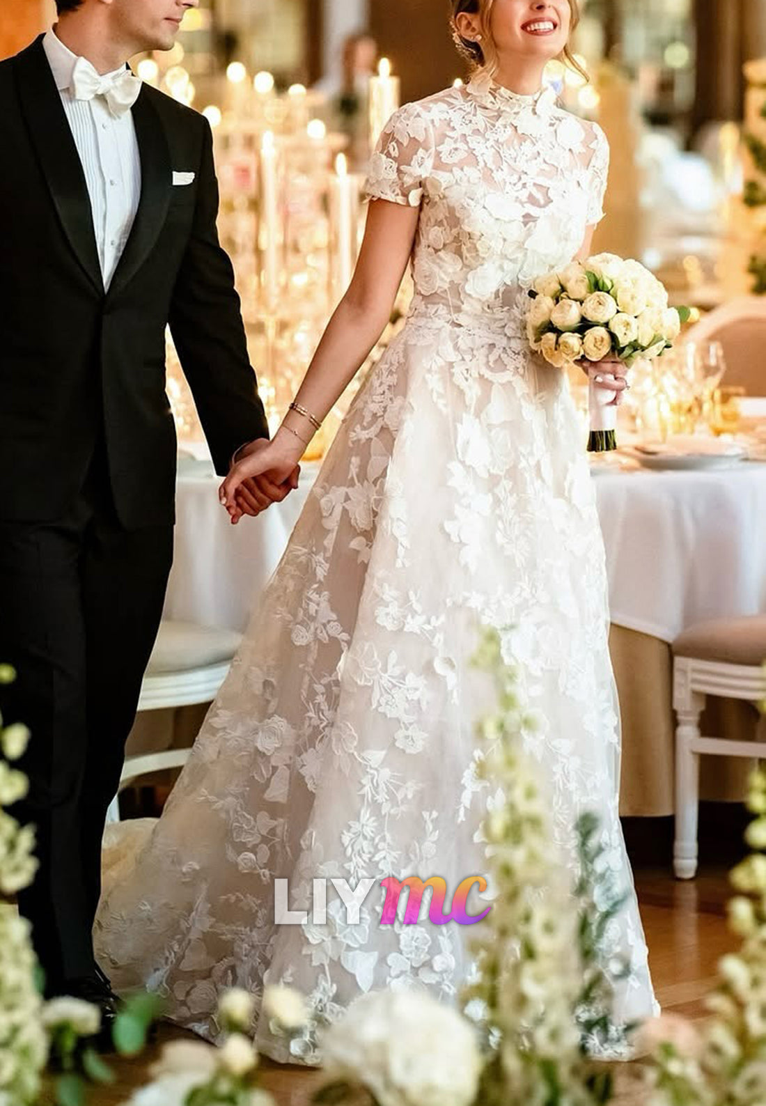 High Neck Short Sleeves Appliques A-Line Wedding Dress