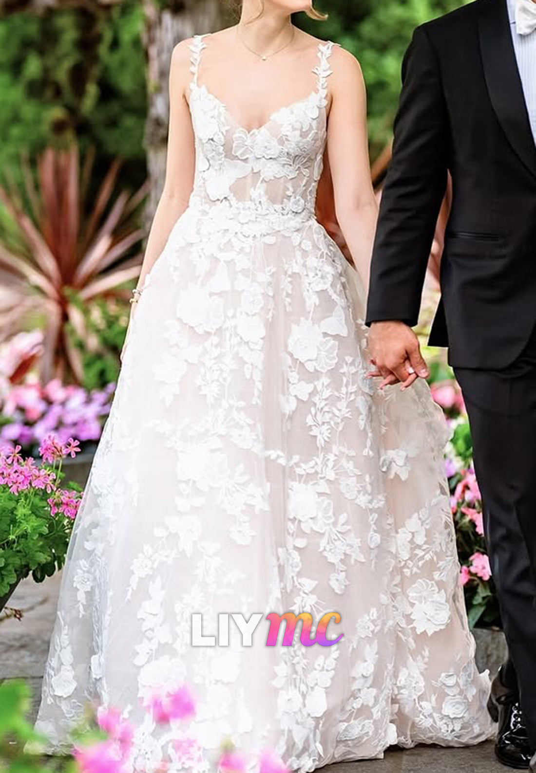 High Neck Short Sleeves Appliques A-Line Wedding Dress