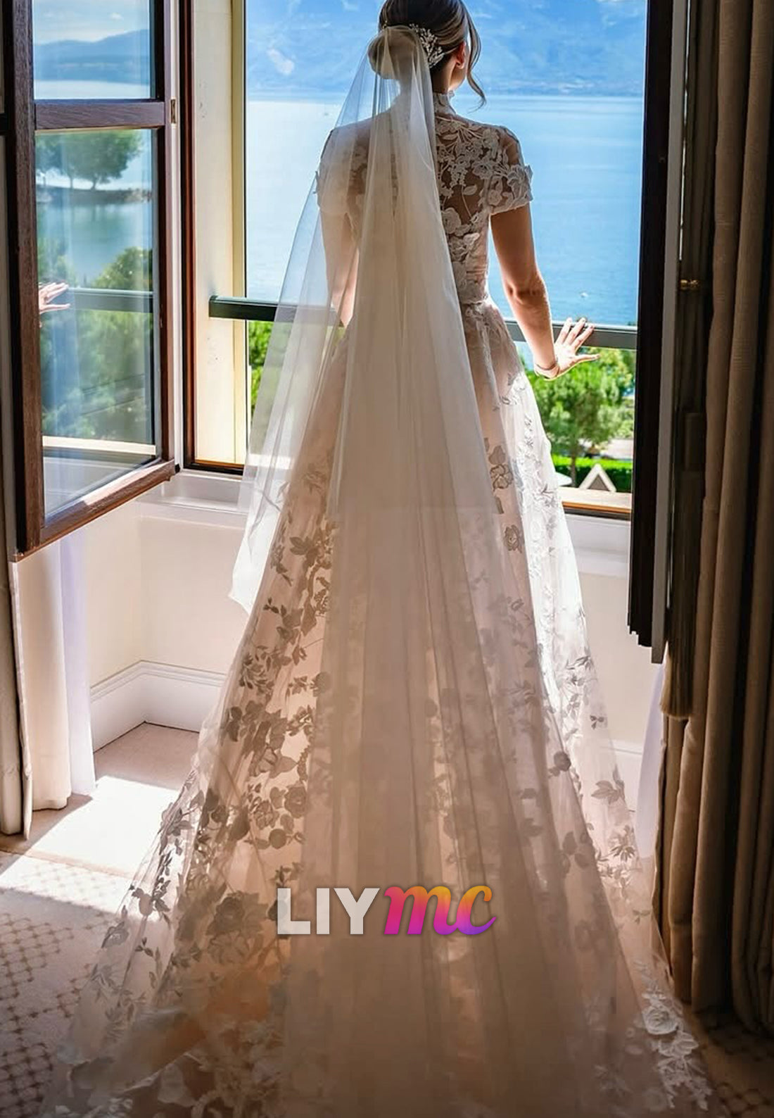 High Neck Short Sleeves Appliques A-Line Wedding Dress