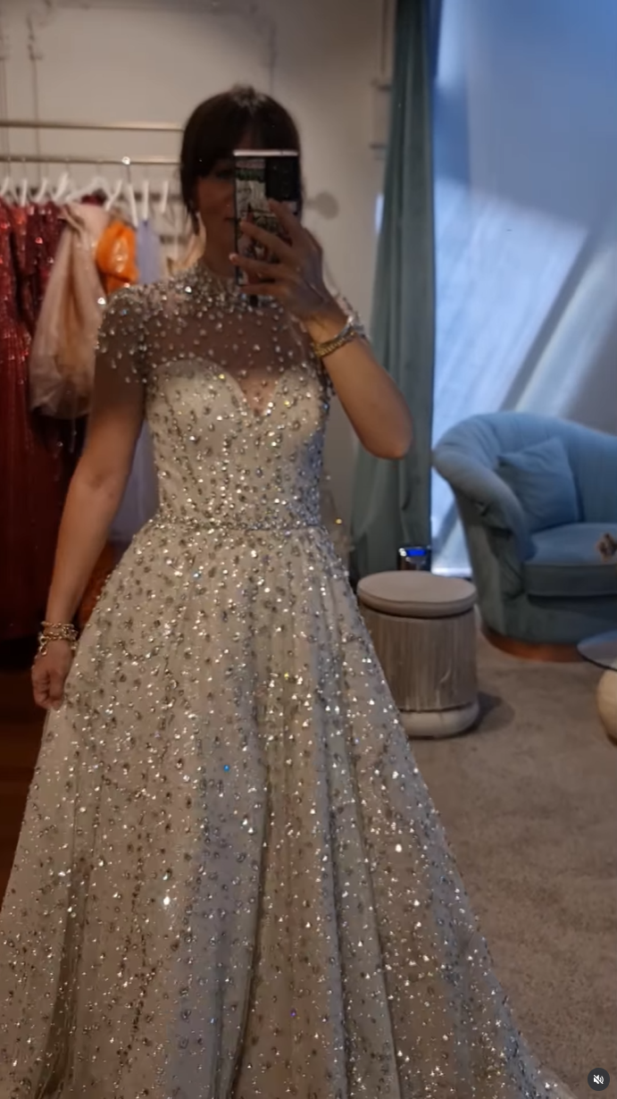 High Neck Short Sleeves Beaded Sparkly A-Line Evening Dress