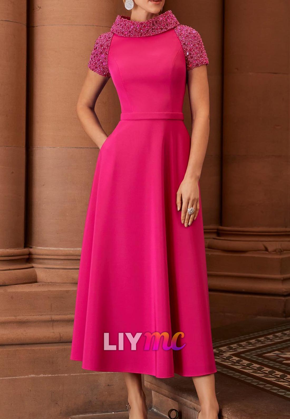 High Neck Short Sleeves Sleek A-Line Mother of Bride Dress Liymc High Neck Short Sleeves Sleek A-Line Mother of Bride Dress Liymc