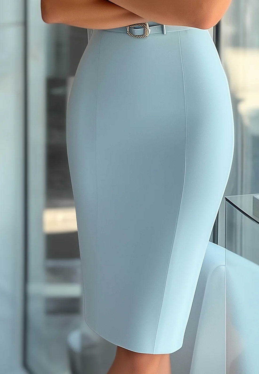 High Neck Short Sleeves Sleek Sheath Knee-Length Work Dress