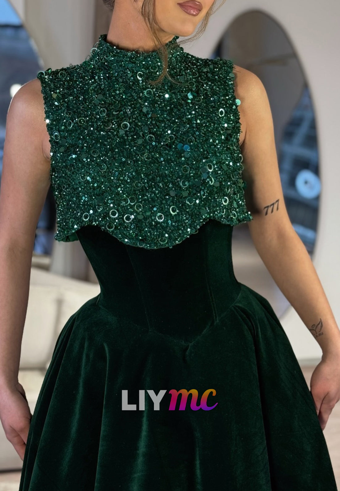 High Neck Sleeveless Sequins A-Line Prom Dress