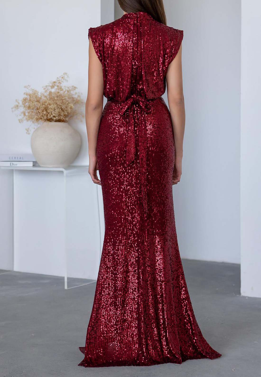 High Neck Sleeveless Sequins Side Slit Sheath Formal Dress