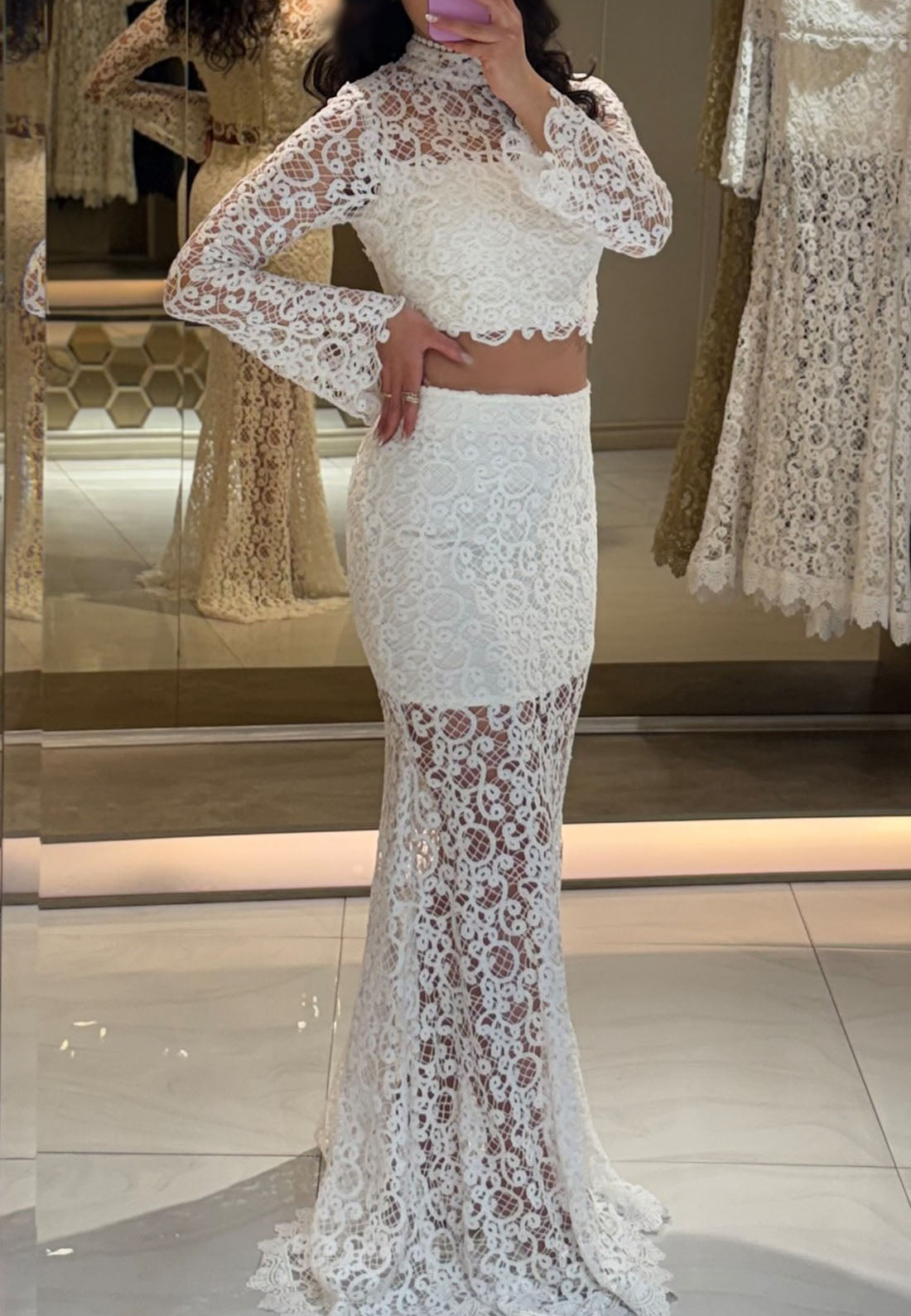 High Neck Two Piece Lace Appliques Sheer Sheath Formal Dress