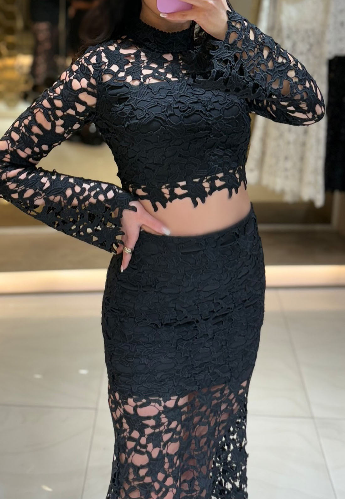 High Neck Two Piece Lace Appliques Sheer Sheath Formal Dress