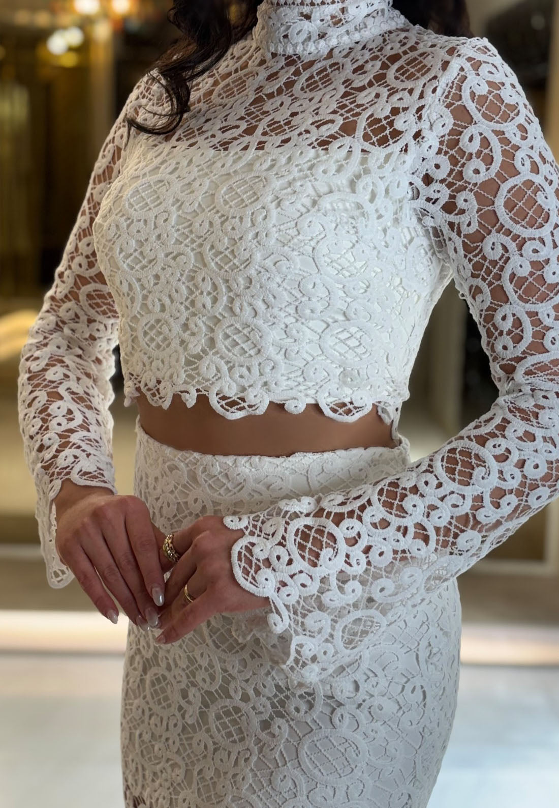 High Neck Two Piece Lace Appliques Sheer Sheath Formal Dress