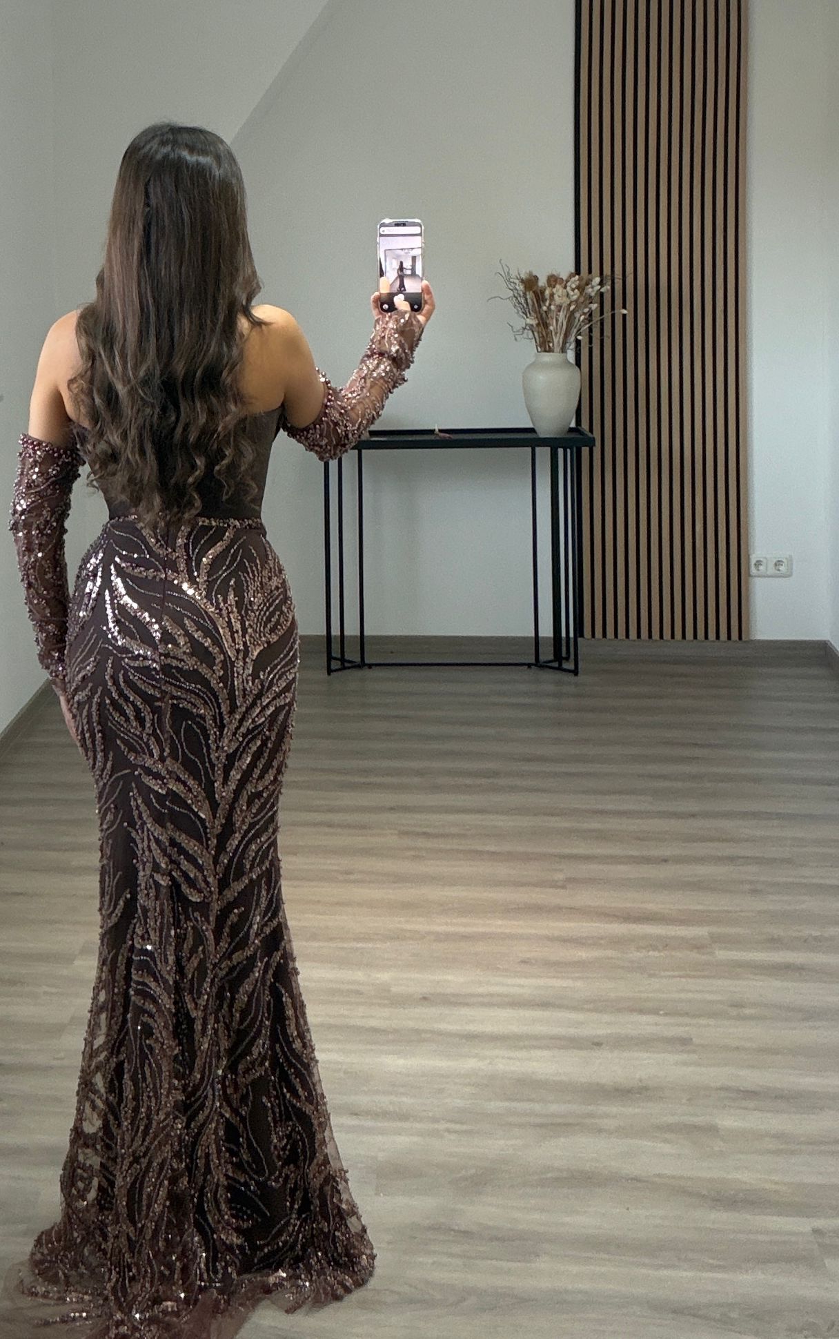 Off-Shoulder Beaded Embroidery Brown Evening Dress
