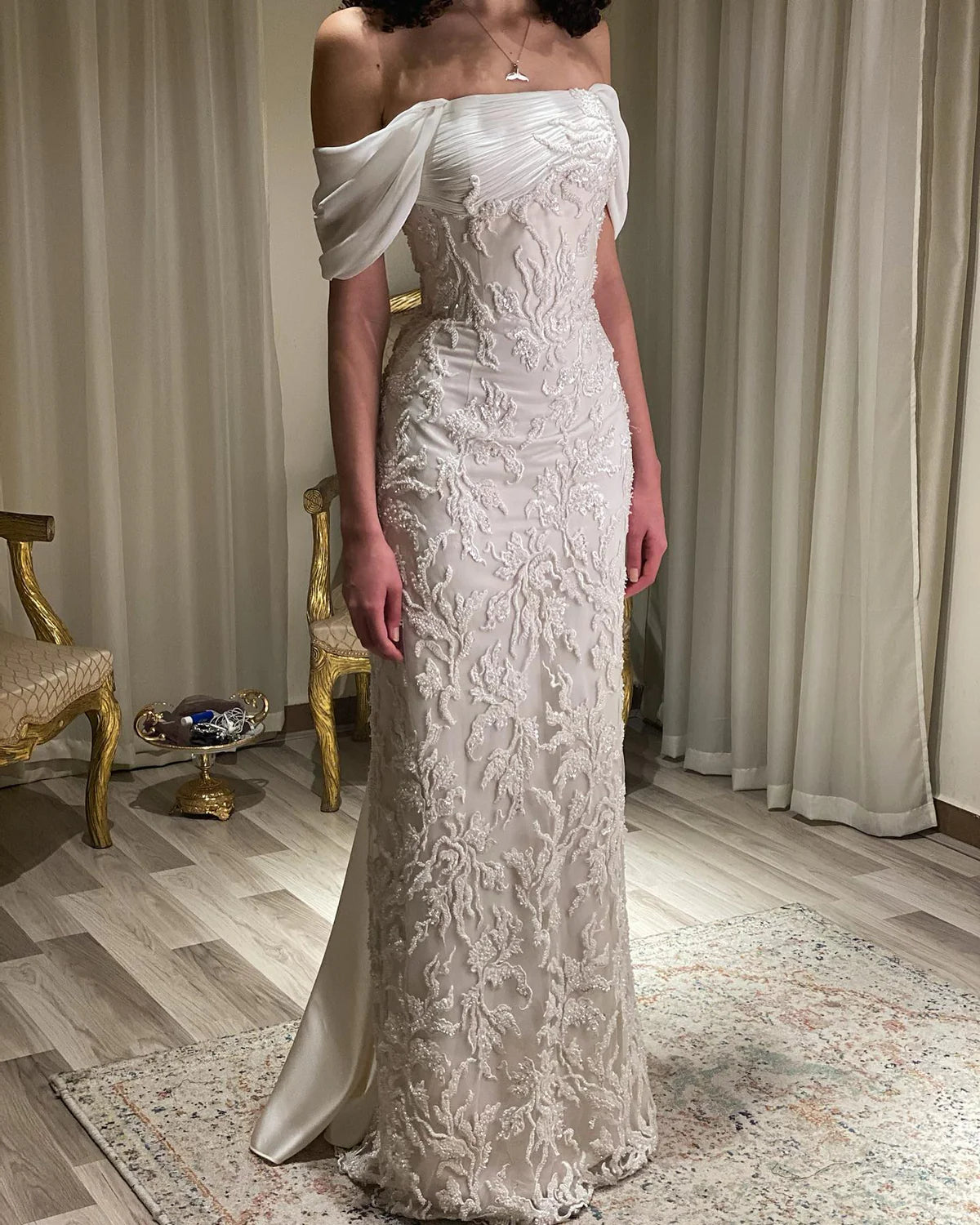 Luxury Ivory Sequin Embroidered Off Shoulder Evening Dress – Liymc