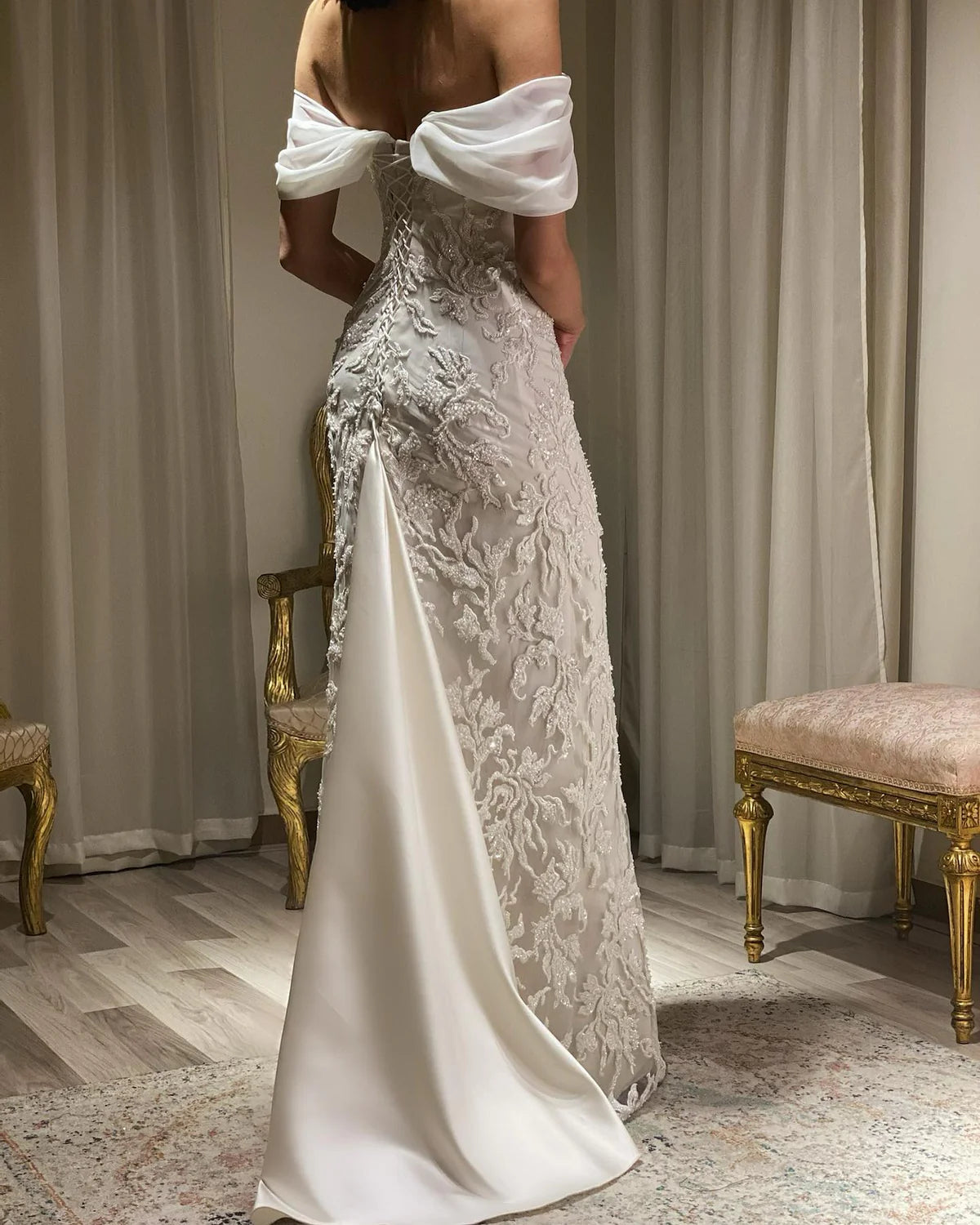 Luxury Ivory Sequin Embroidered Off Shoulder Evening Dress