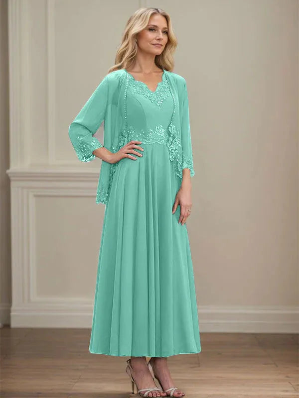 A-line V-Neck Ankle-Length Chiffon Mother of the Bride Dress With Sequins Appliques Lace Beading