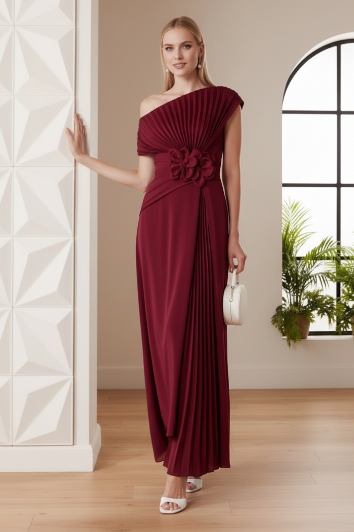 One Shoulder Pleated A-Line Mother of Bride Dress