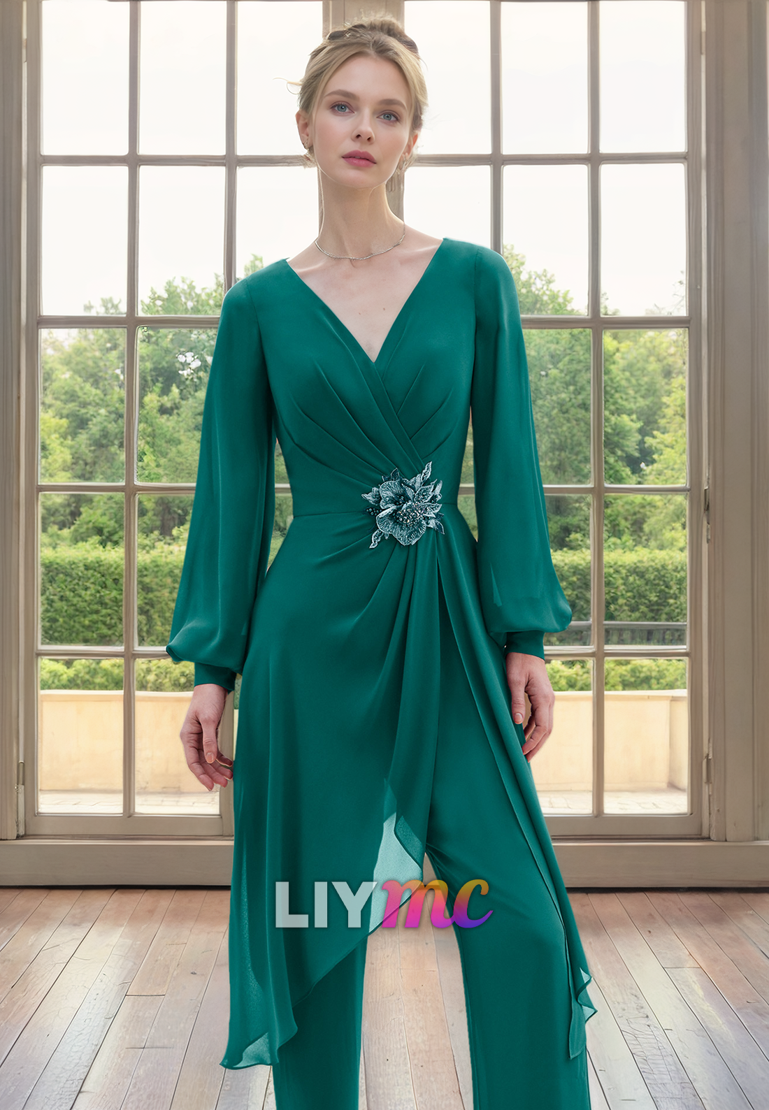 Jumpsuit Long Sleeves Beaded Chiffon Ruched Mothe of Bride Dress Cocktail Dress