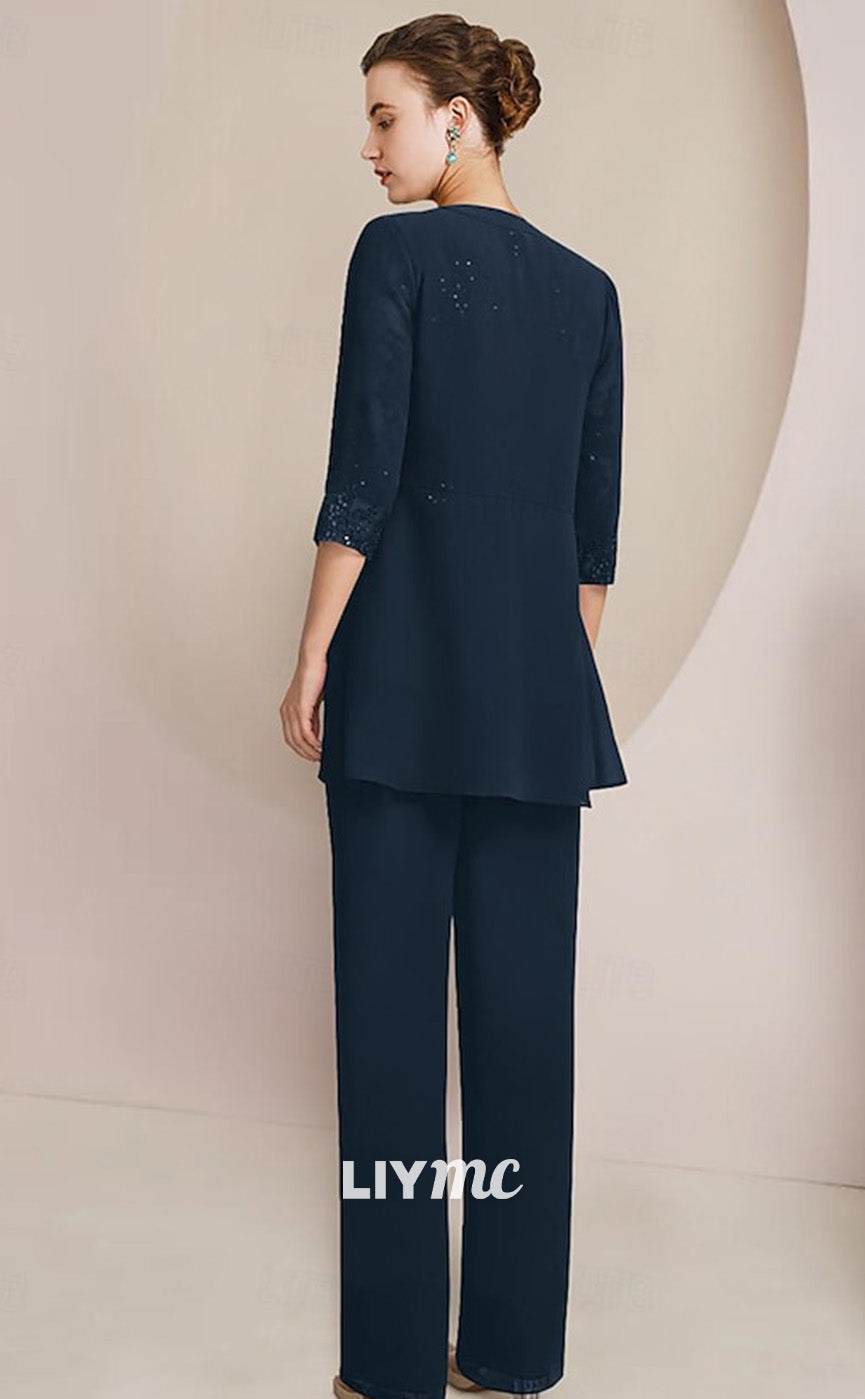 M1014 - Jumpsuit  Pantsuit 3 Piece Mother of the Bride Dress Formal Wedding Guest Elegant Scoop Sequined 34 Length Sleeve