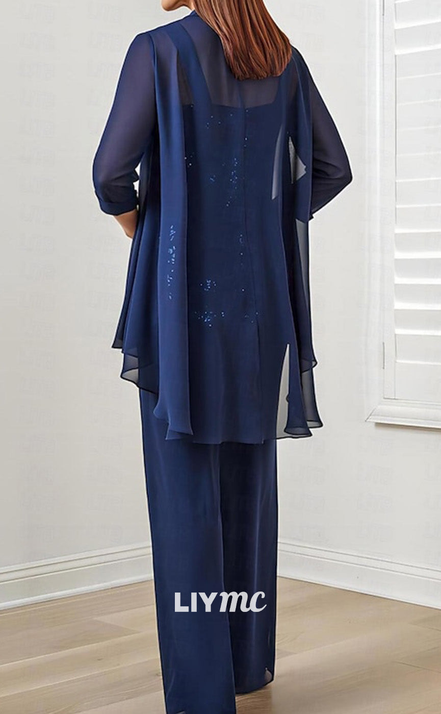 M1013 - Jumpsuit  Pantsuit 3 Piece Mother of the Bride Sequined Appliques Dress Square Floor Length