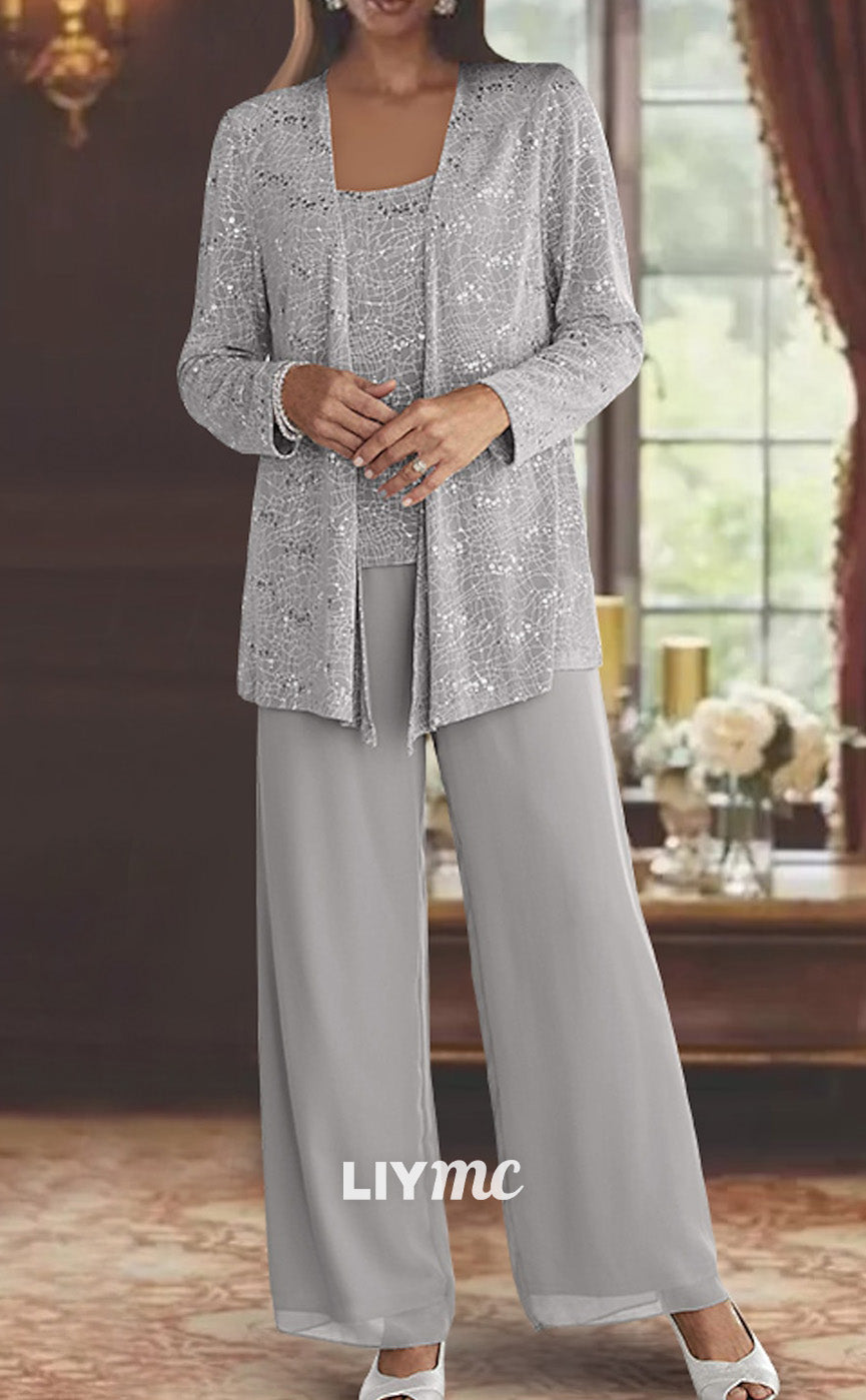 M1007 - Jumpsuit  Pantsuit 3 Piece Mother of the Bride Dress Scoop Neck Floor Length  Sequin