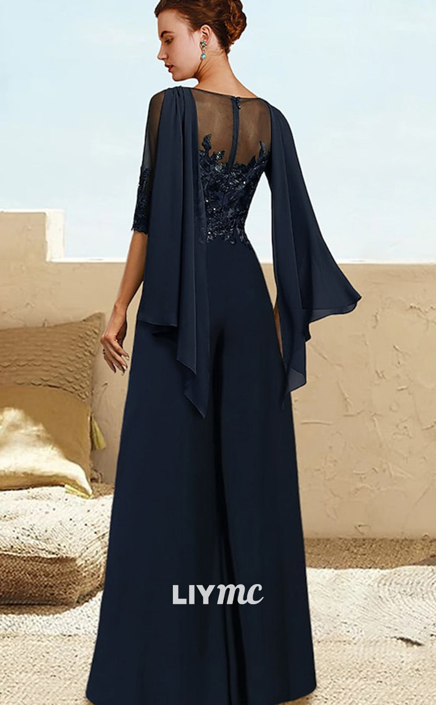 M1016 - Jumpsuit  Pantsuit Mother of the Bride Dress Floor Length Half Sleeve with Sequin Appliques