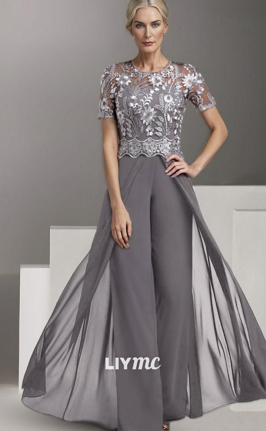 M1020 - Jumpsuit  Pantsuit Mother of the Bride Dressn Short Sleeve with Lace Pleats